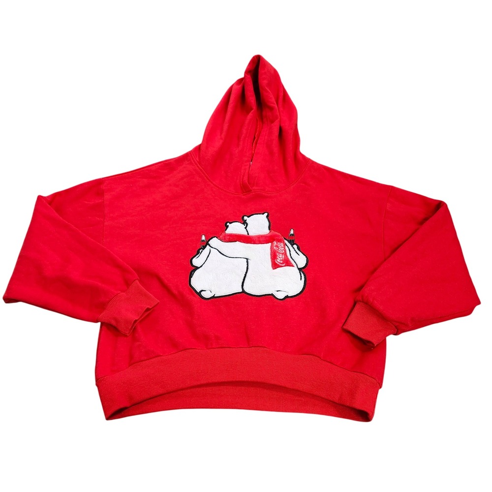 Coca-Cola Hoodie Women S Cropped Polar Bear Graphic Red Plush Patch EUC